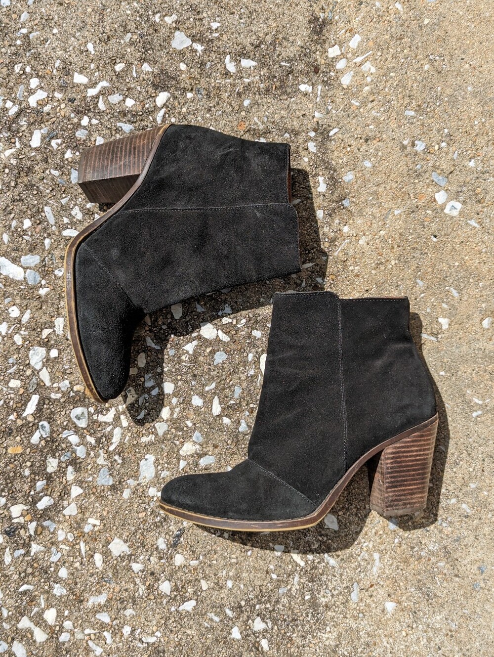 Lucky Brand Black Suede Ankle Booties with Stacked Wood Heel